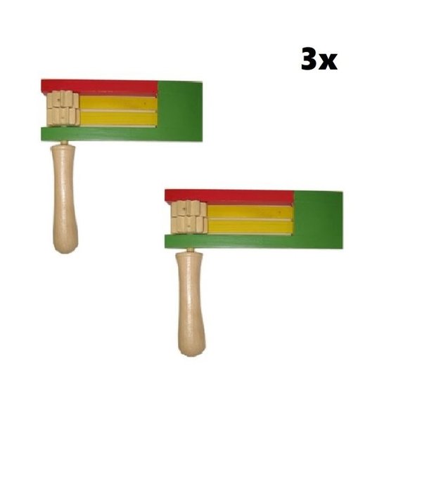 3x Houten Ratel dubbel rood/geel/groen