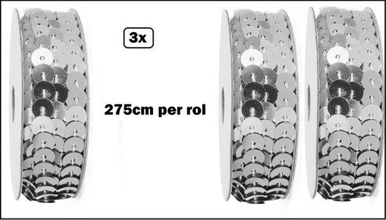 3x Rol Paillettenband zilver - 2,75 meter op rol