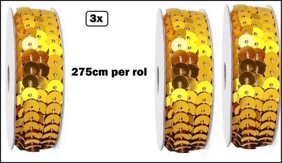 3x Rol Paillettenband goud - 2,75 meter op rol