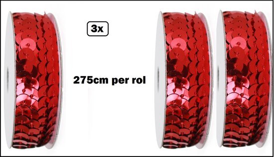 3x Rol Paillettenband rood - 2,75 meter op rol