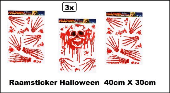 3x Raamsticker Bloody Halloween skull and hands