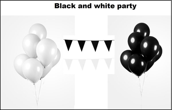 Black and white party set - 2x vlaggenlijn zwart en wit - 100x Luxe Ballonnen zwart/wit