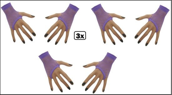 3x Paar nethandschoenen vingerloos fluor paars