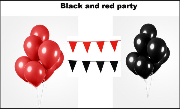 Red and Black party set - 2x vlaggenlijn rood en zwart- 100x Luxe Ballonnen rood/zwart