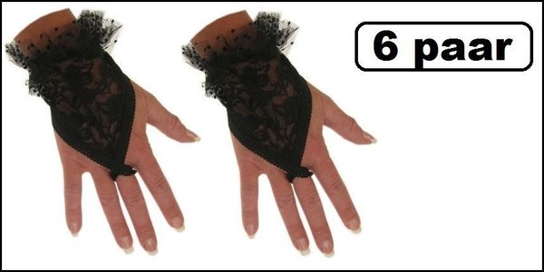 6x Paar Vingerhandschoen kort zwart + lusje