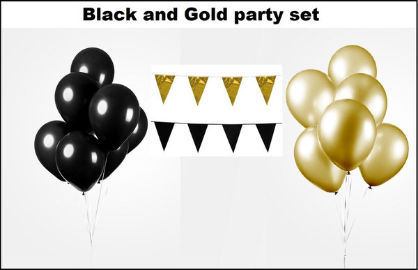 Black and Gold party set- 2x vlaggenlijn zwart en goud - 100x Luxe Ballonnen zwart/goud