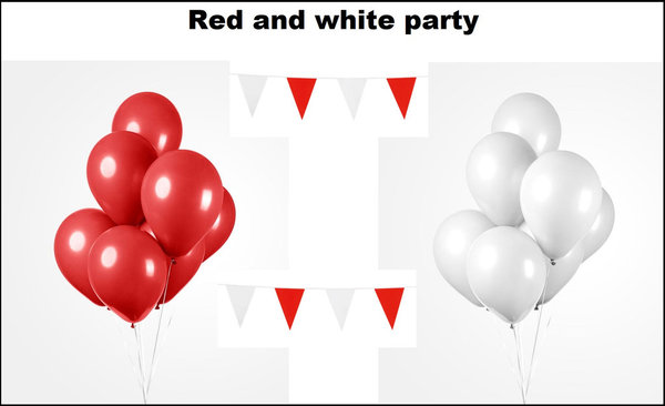 Red and white party set - 2x vlaggenlijn rood en wit - 100x Luxe Ballonnen rood/wit