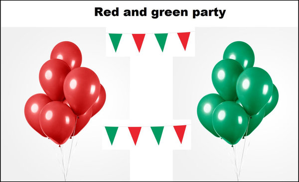 Red and green party set - 2x vlaggenlijn rood en groen - 100x Luxe Ballonnen rood/groen
