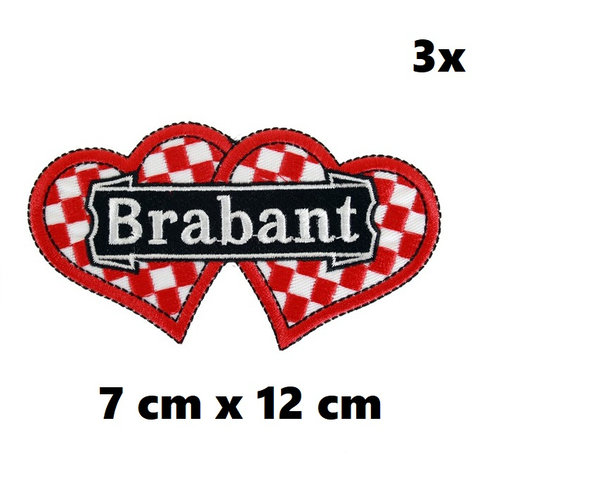 3x Applicatie Brabant dubbel hart bont met zwarte banner 7 cm x 12 cm