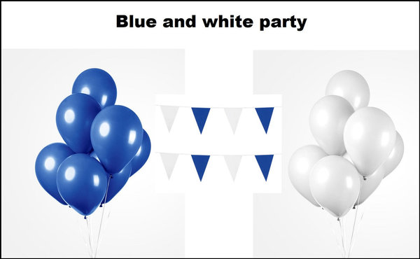 Blue and White party set - 2x vlaggenlijn blauw en wit - 100x Luxe Ballonnen blauw/wit