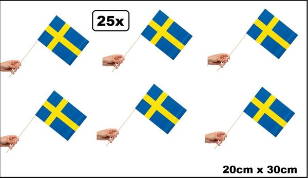 25x Zwaaivlaggetjes op stok Zweden 20cm x 30cm