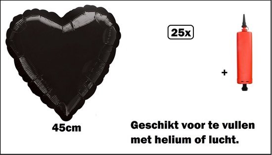 25x Folieballon Hart zwart (45 cm) incl. ballonpomp