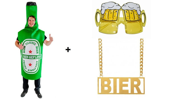 Bierfles outfit groen met bier bril + bier ketting  - bier fles bierfeest