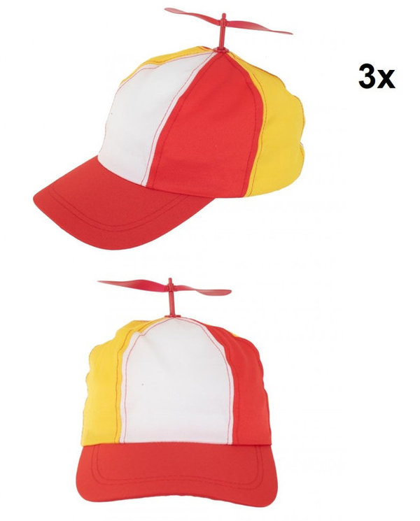 3x Baseball cap propeller rood/wit/geel