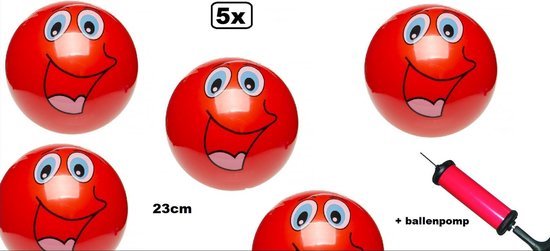 5x Speel voetbal smiling face 23 cm rood + ballenpomp