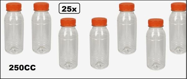 25x Flesje PET helder 250cc met oranje dop - drink fles