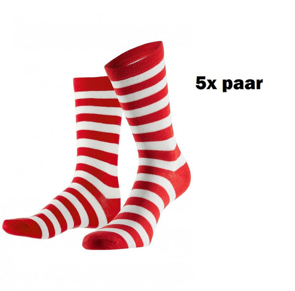 5x Paar Sokken gestreept rood wit 36-41