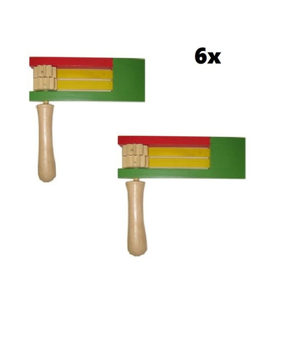 6x Houten Ratel dubbel rood/geel/groen