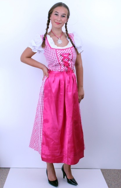 Tiroler jurk lang Lena pink/wit ruitje ,schortje pink mt.36