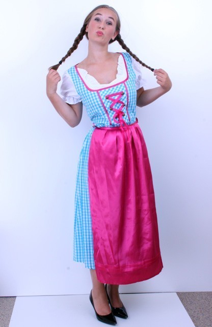 Tiroler jurk lang Anna blauw/wit ruitje, schortje pink mt.36