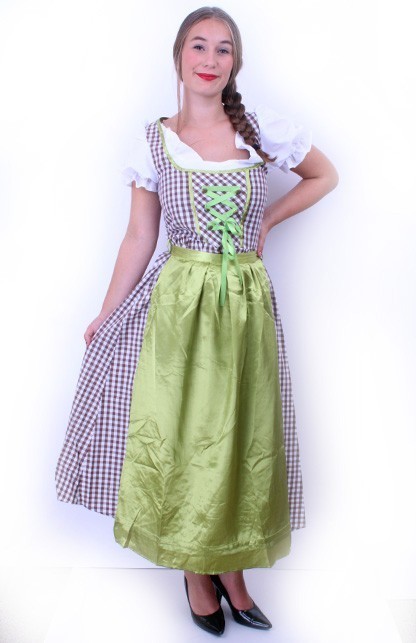 Tiroler jurk lang Wenzel bruin/wit ruitje, schortje groen mt.36