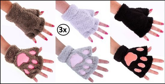 3x Vingerloze handschoenen pluche dierenpootje assortie