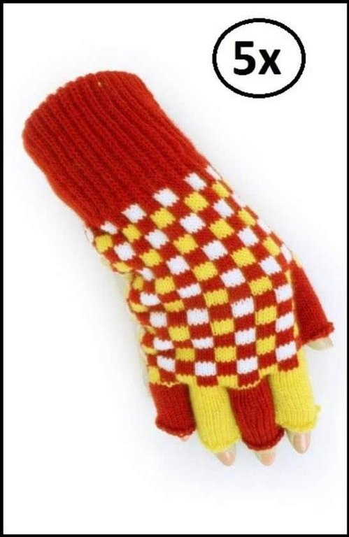 5x Paar vingerloze handschoen rood/wit/geel geblokt