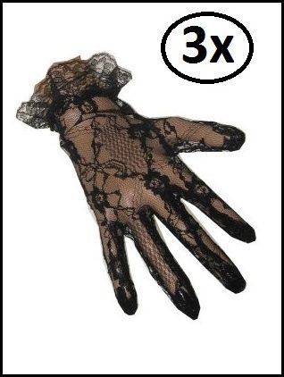 3x Kanten handschoenen kort zwart