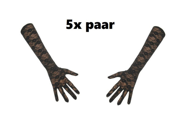 5x Paar Handschoenen kant lang zwart