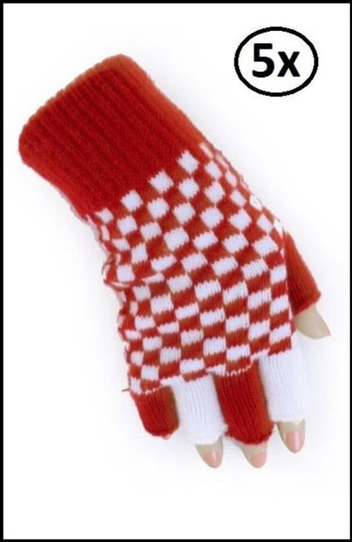 5x Paar vingerloze handschoen rood/wit geblokt