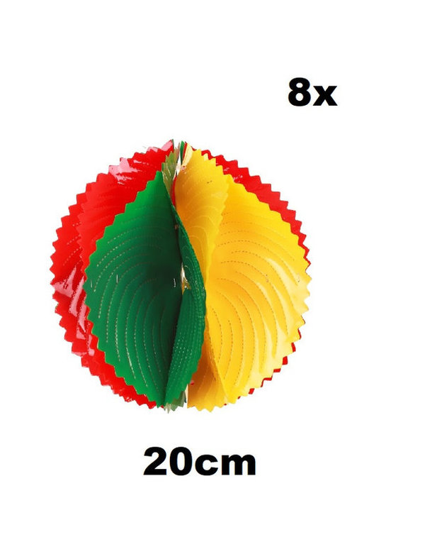 8x PVC decoratie bal rood/geel/groen 20 cm. BRANDVEILIG