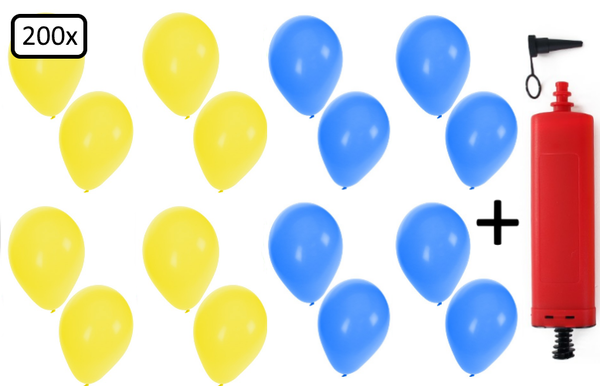 Ballonnen ( helium geschikt) 200x blauw en geel + pomp