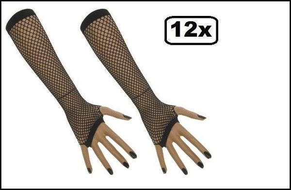 12x Nethandschoenen lang vingerloos zwart