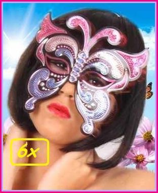 6x Oogmasker vinyl vlinder+pailletten pink/paars