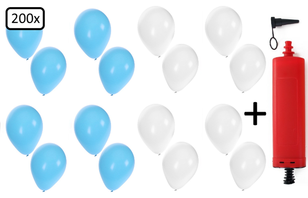 Ballonnen helium 200x lichtblauw en wit + pomp