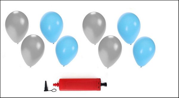 Ballonnen helium 200x lichtblauw en zilver + pomp