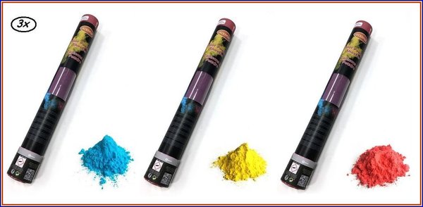 3x Color Powder Shooter 40 cm ass.blauw/geel/rood