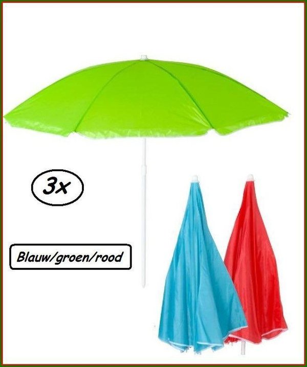3x Strand parasol 140cm blauw/groen/rood