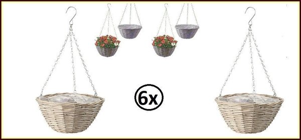 6x Hanging basket split-wilg greywash 30cm