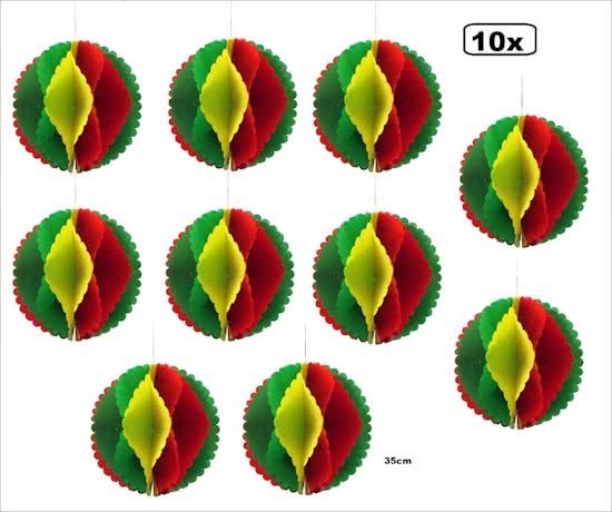 10x Decoratiebal rood/geel/groen brandvertr. 35 cm