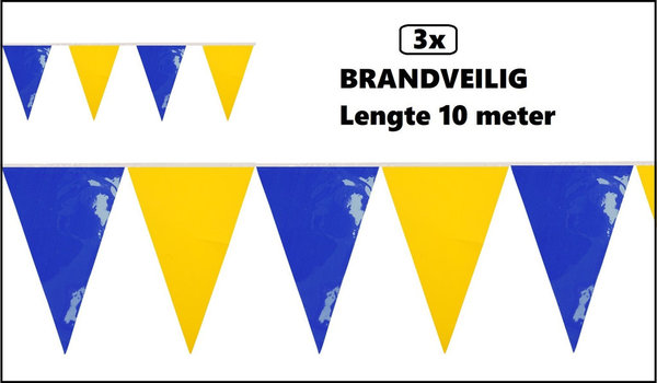 3x PVC vlaggenlijn blauw-geel 10 meter BRANDVEILIG