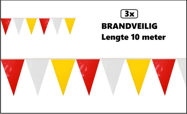 3x PVC vlaggenlijn rood/wit/geel10 meter BRANDVEILIG