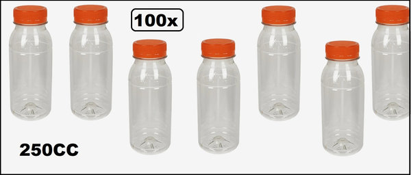100x Flesje PET helder 250cc met oranje dop - drink fles