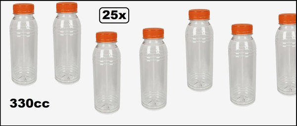 25x Flesje PET helder 330cc met oranje dop - drink fles