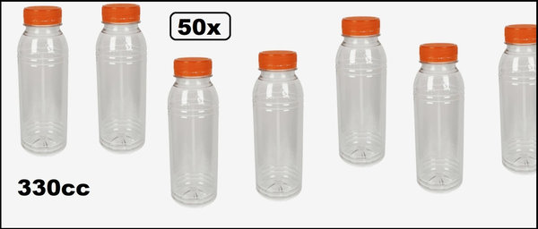 50x Flesje PET helder 330cc met oranje dop - drink fles