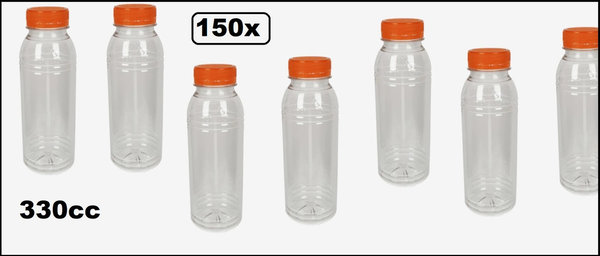 150x Flesje PET helder 330cc met oranje dop - drink fles