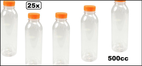 25x Flesje PET helder 500cc met oranje dop - drink fles