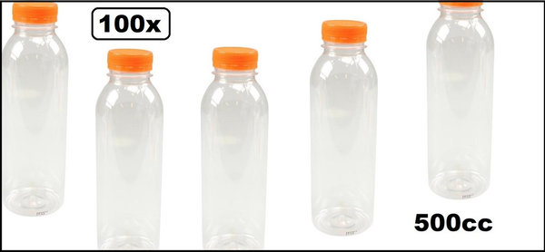 100x Flesje PET helder 500cc met oranje dop - drink fles