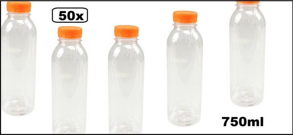50x Flesje PET helder 750cc met oranje dop - drink fles