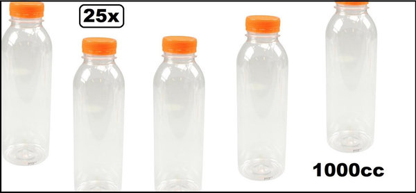 25x Flesje PET helder 1000cc met oranje dop - drink fles